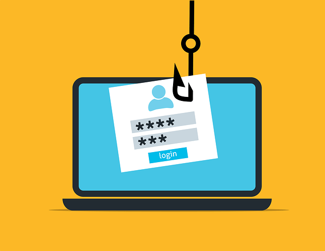 A fishing hook grabbing a login form from a laptop screen, symbolising "identity theft"